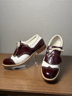 Vintage Lazy Bones Leather Kiltie Wingtip Spectator Golf Shoes Burgundy Ivory 8